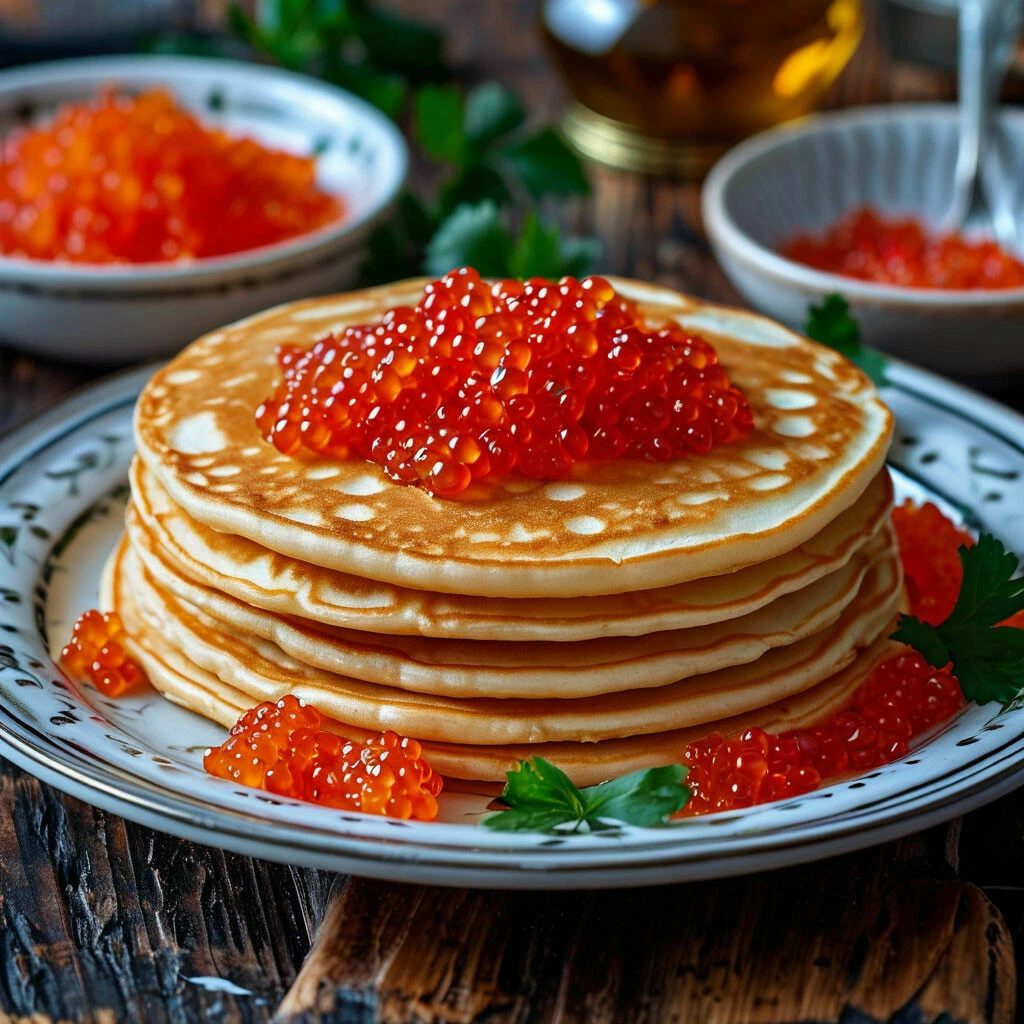 Блинчики с красной икрой — тонкие блины, сливочное масло, икра